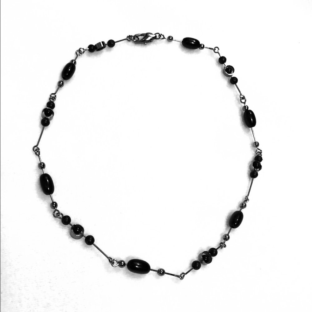 Black Bead and Silver Tone Necklace